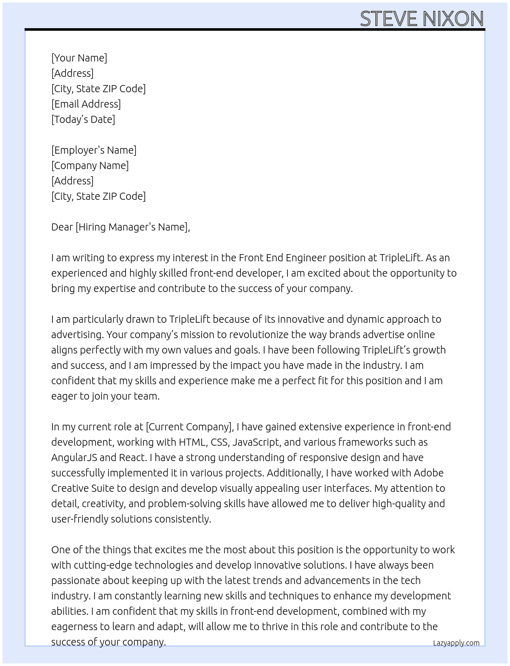 Front End Engineer At TripleLift Cover Letter