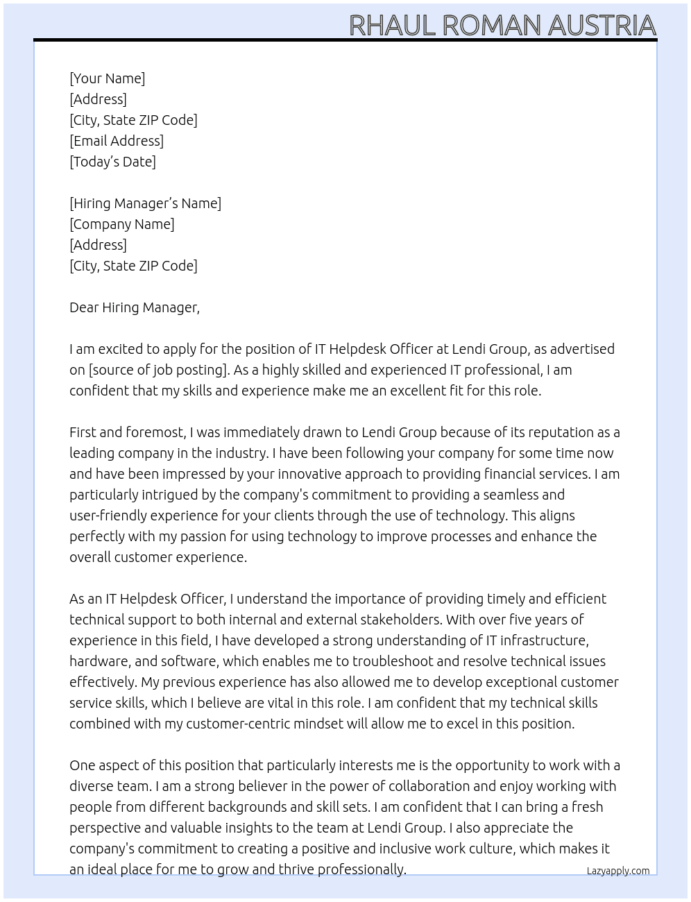 IT helpdesk officer At Lendi Group Cover Letter