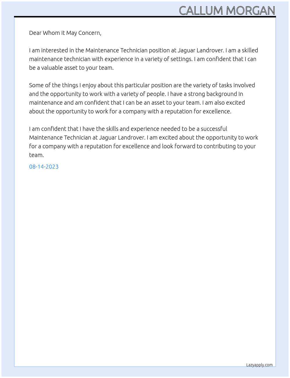 Maintenance Technician At Jaguar Landrover Cover Letter