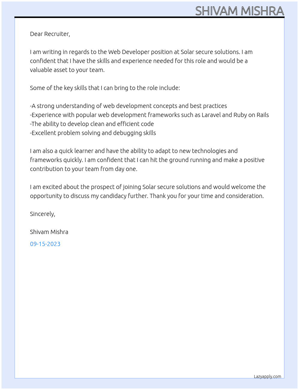 Web Developer At Solar secure solutions Cover Letter