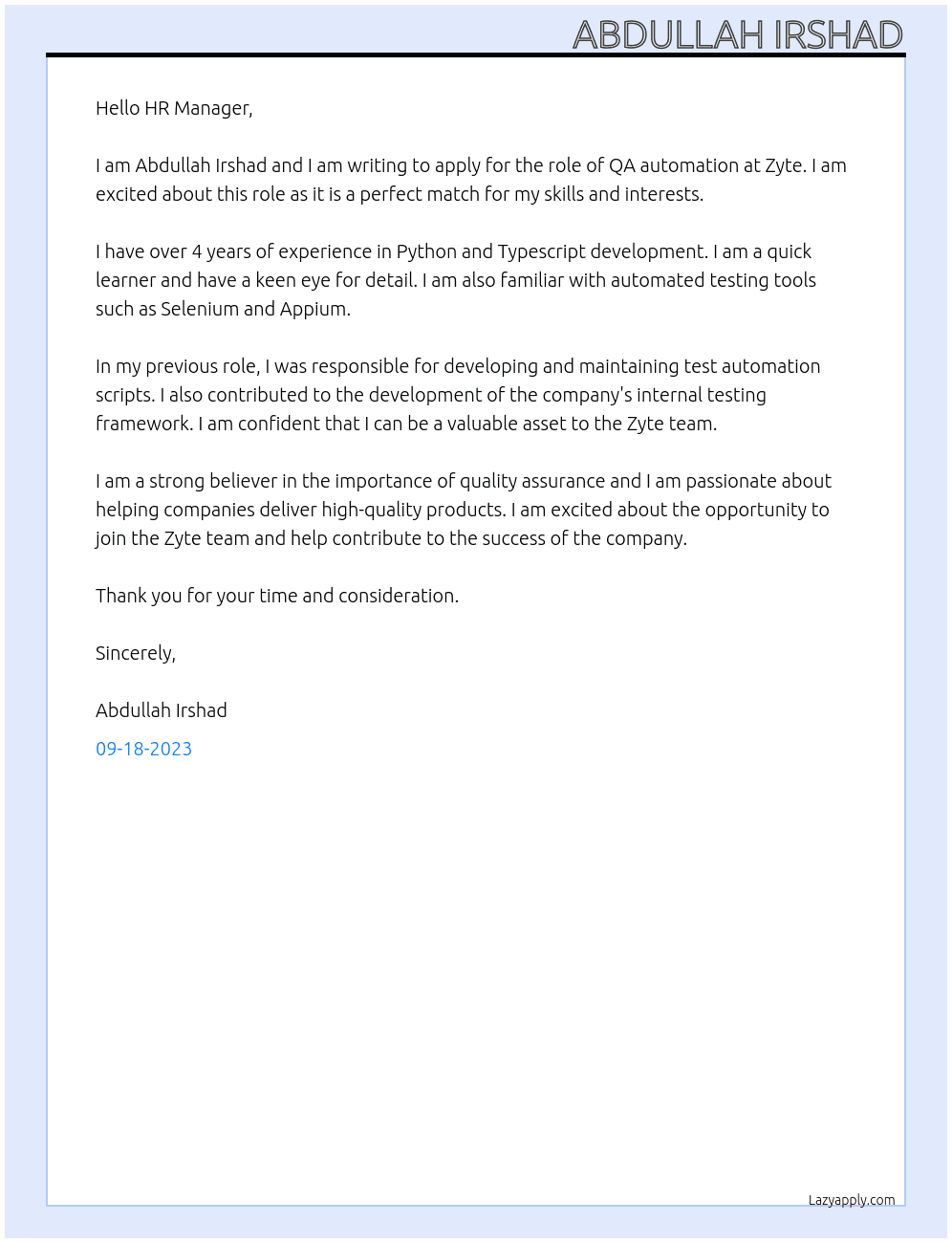 QA automation  At Zyte Cover Letter