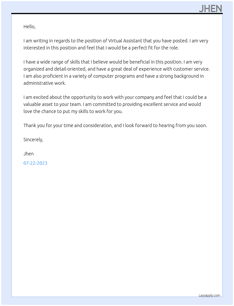 Virtual Assistant At private Cover Letter