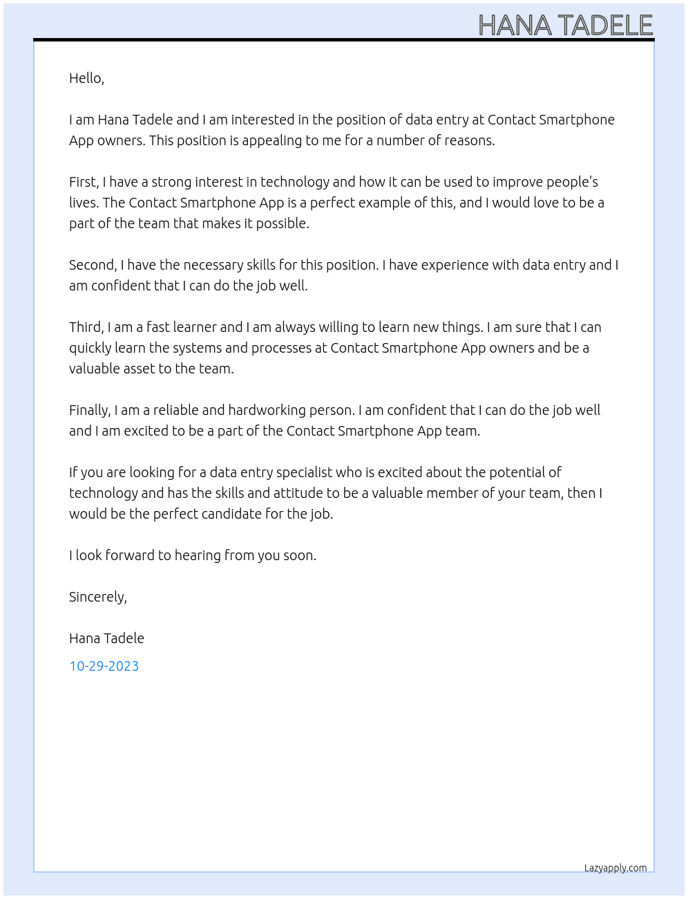 data entry At Contact Smartphone App owners  Cover Letter