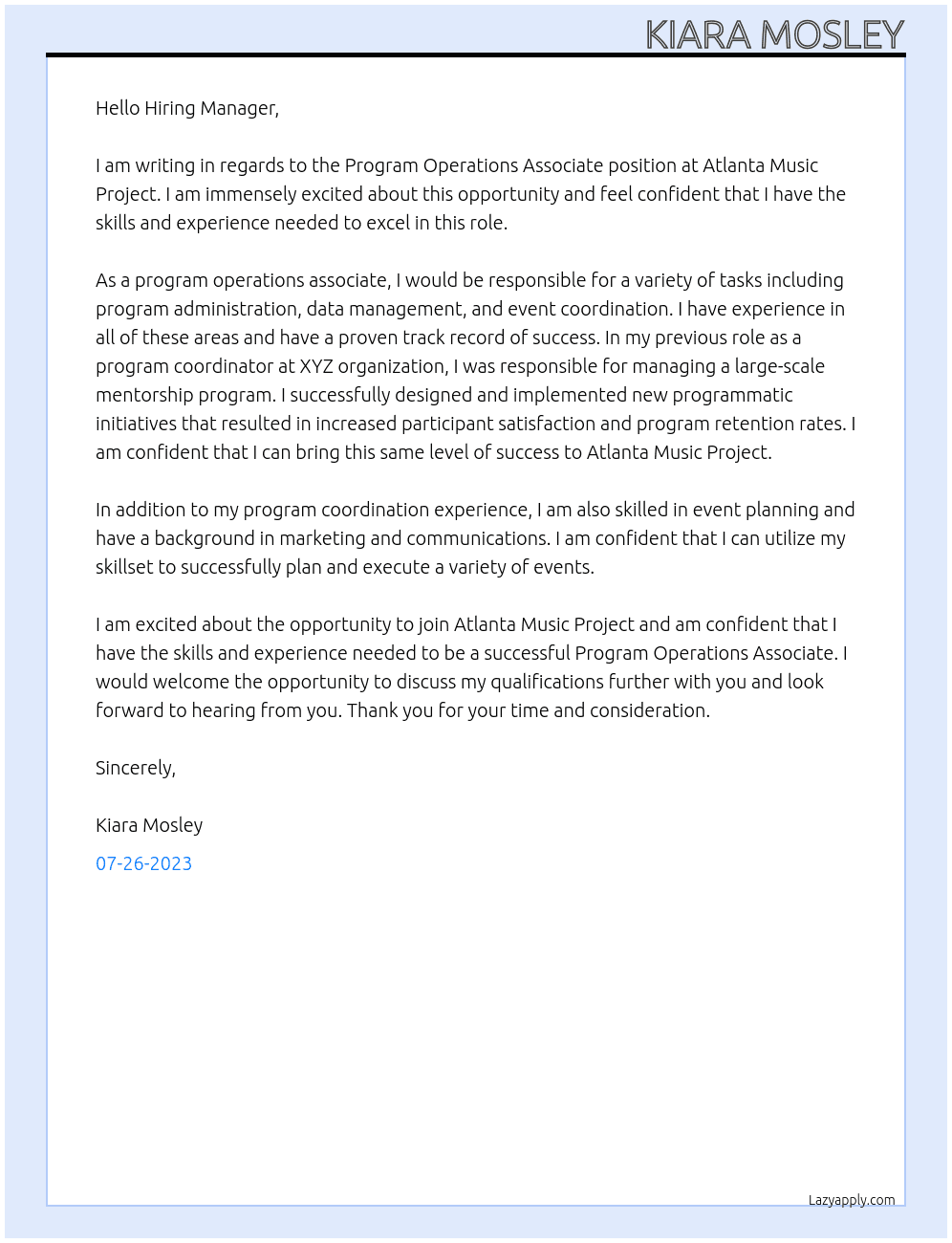 Program Operations Associate At Atlanta Music Project Cover Letter