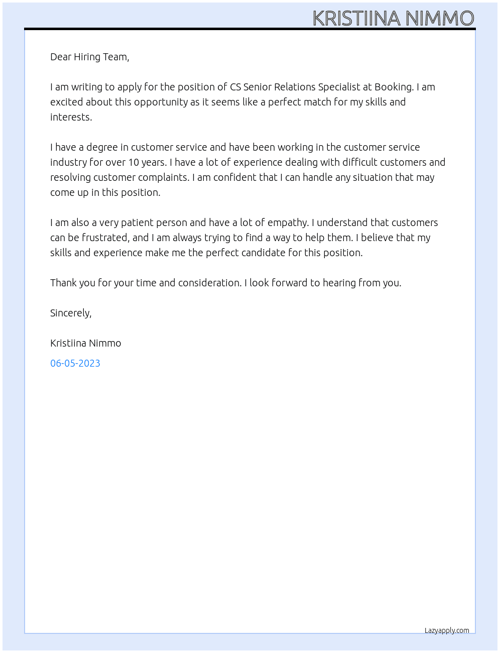 CS Senior Relations Specialist  At Booking Cover Letter