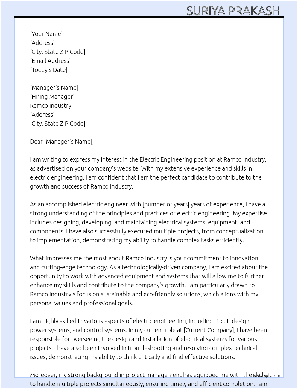 Electric engineering  At Ramco Industry  Cover Letter