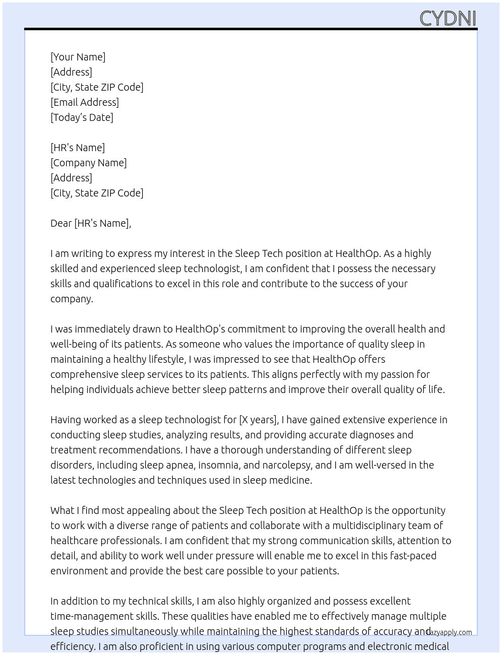 Sleep tech At HealthOp Cover Letter