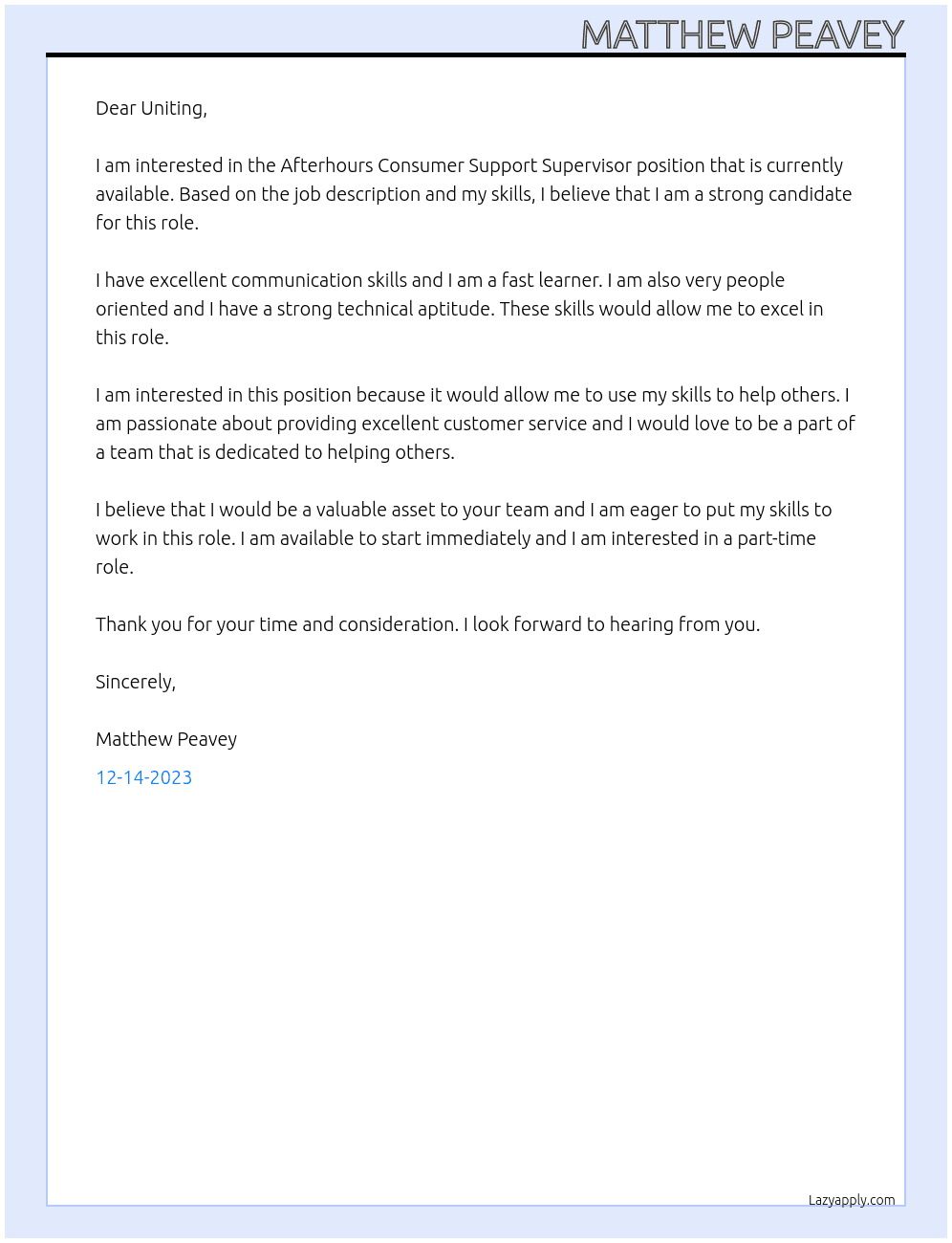 Afterhours Consumer Support Supervisor At Uniting Cover Letter