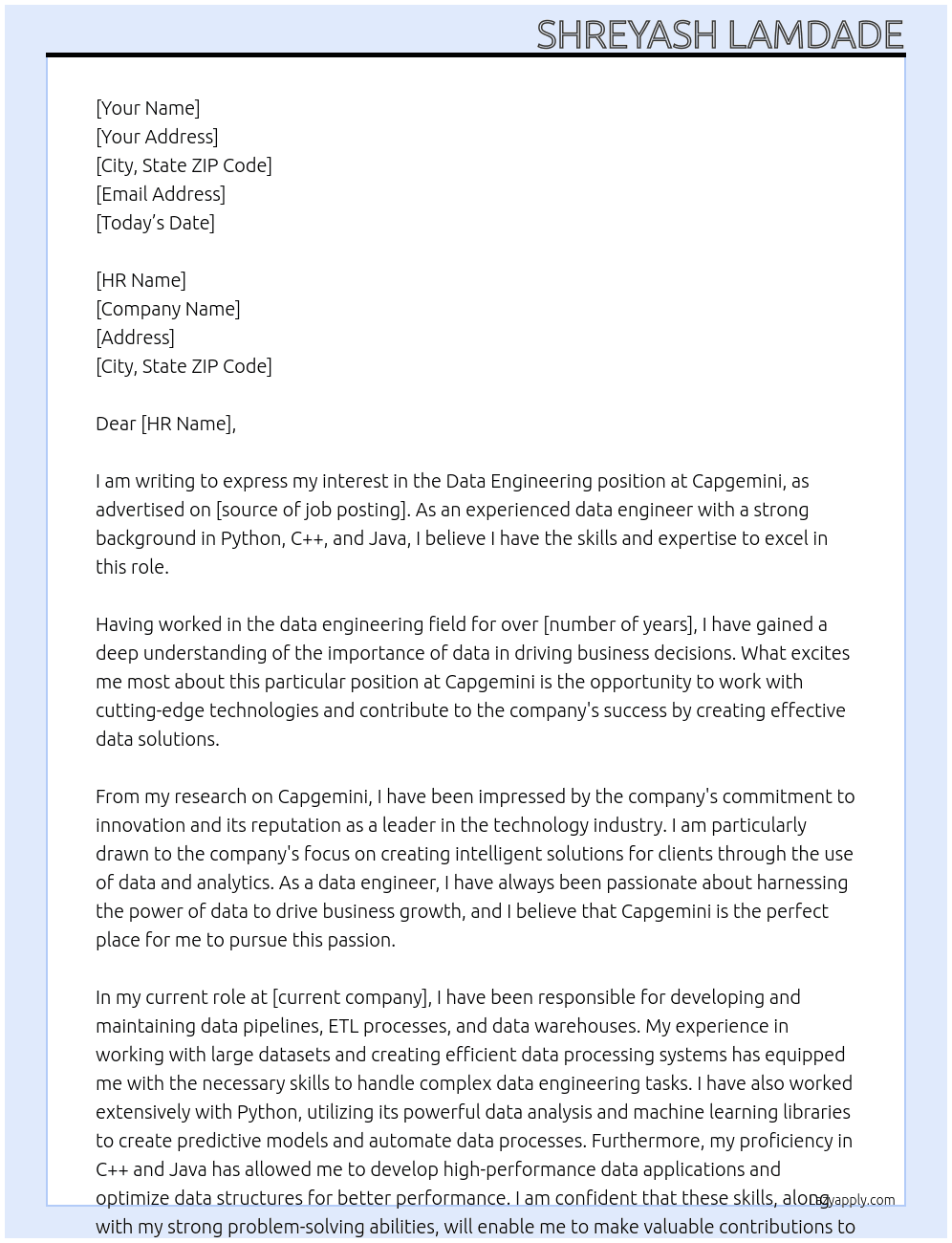 Data engineering At Capgimini Cover Letter