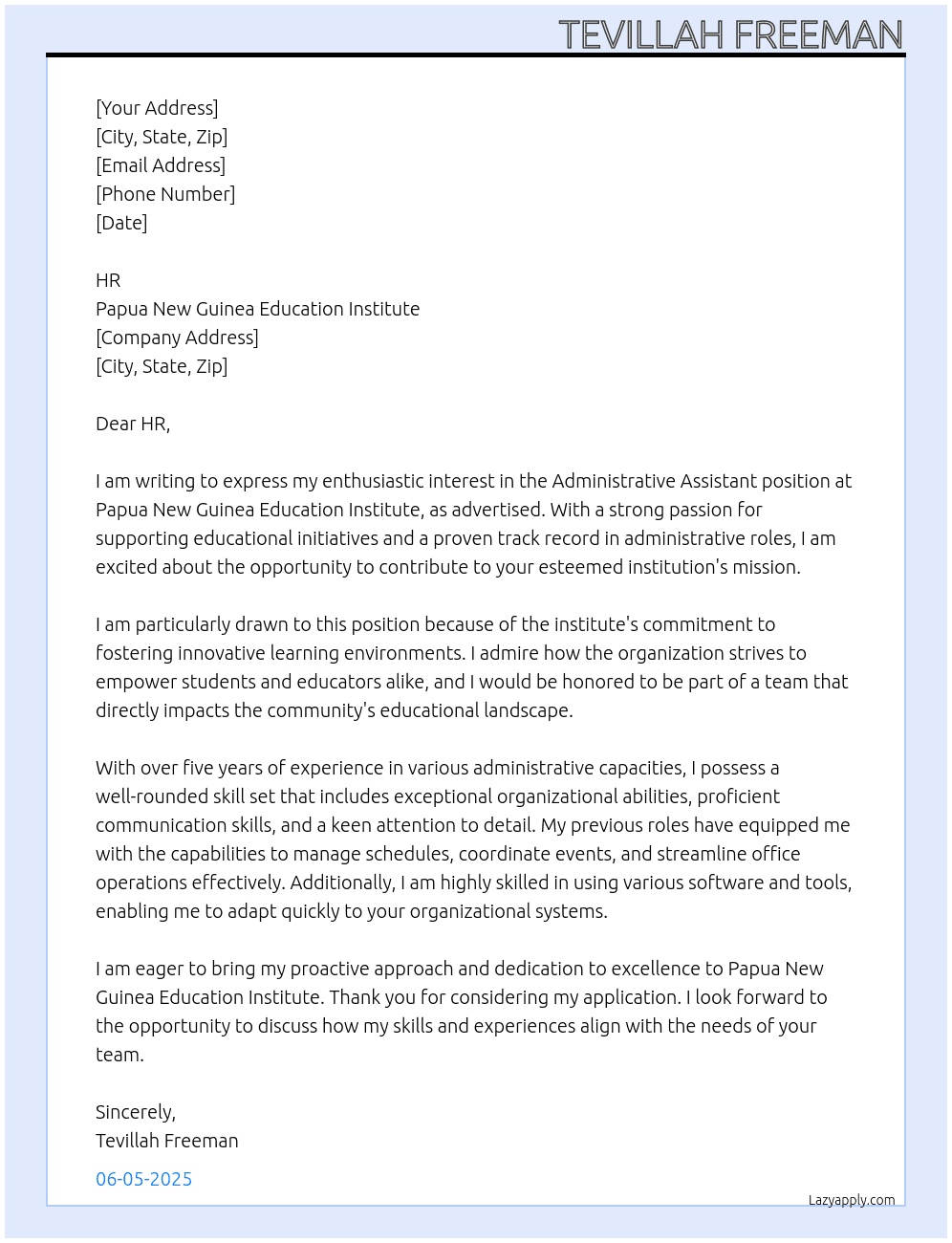 Administrative assistant  At Papua New Guinea Education institute  Cover Letter