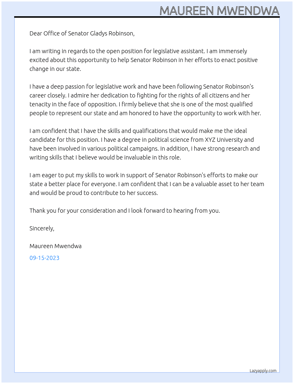legislative assistant At Office of Senator Gladys Robinson Cover Letter