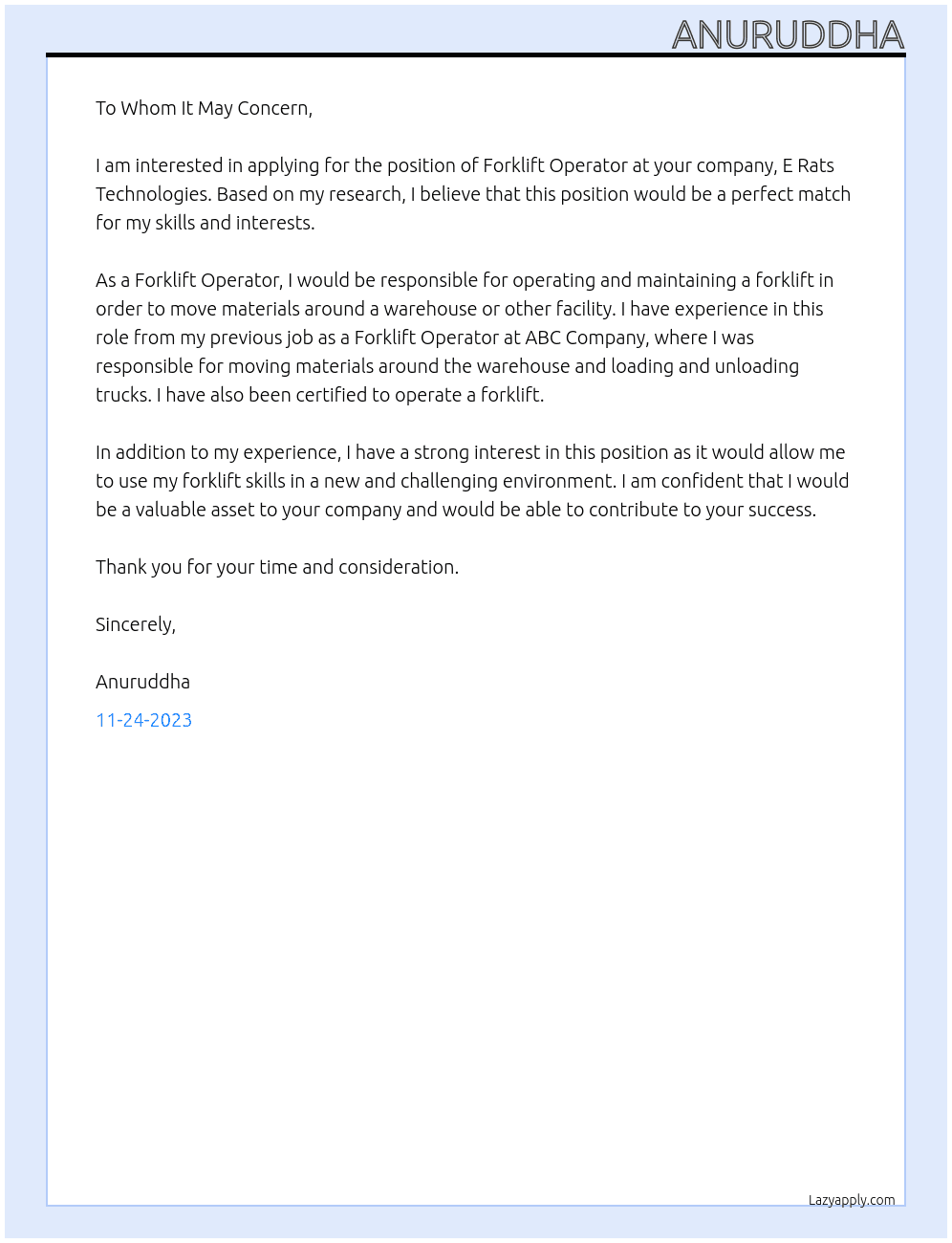 forglift operaor At E rats technologies Cover Letter