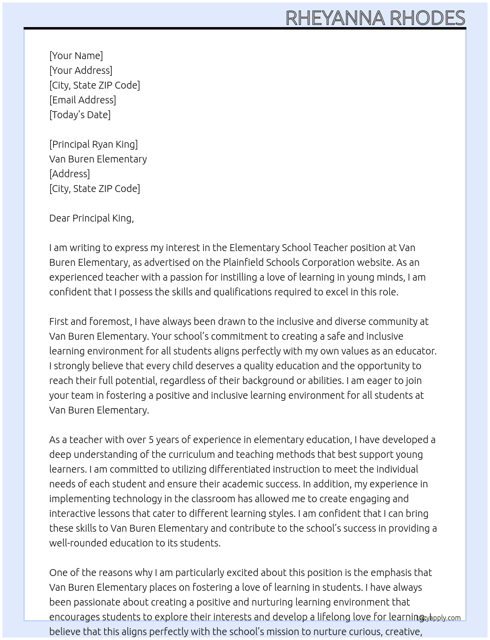 Elementary school teacher At Plainfield schools corporation  Cover Letter