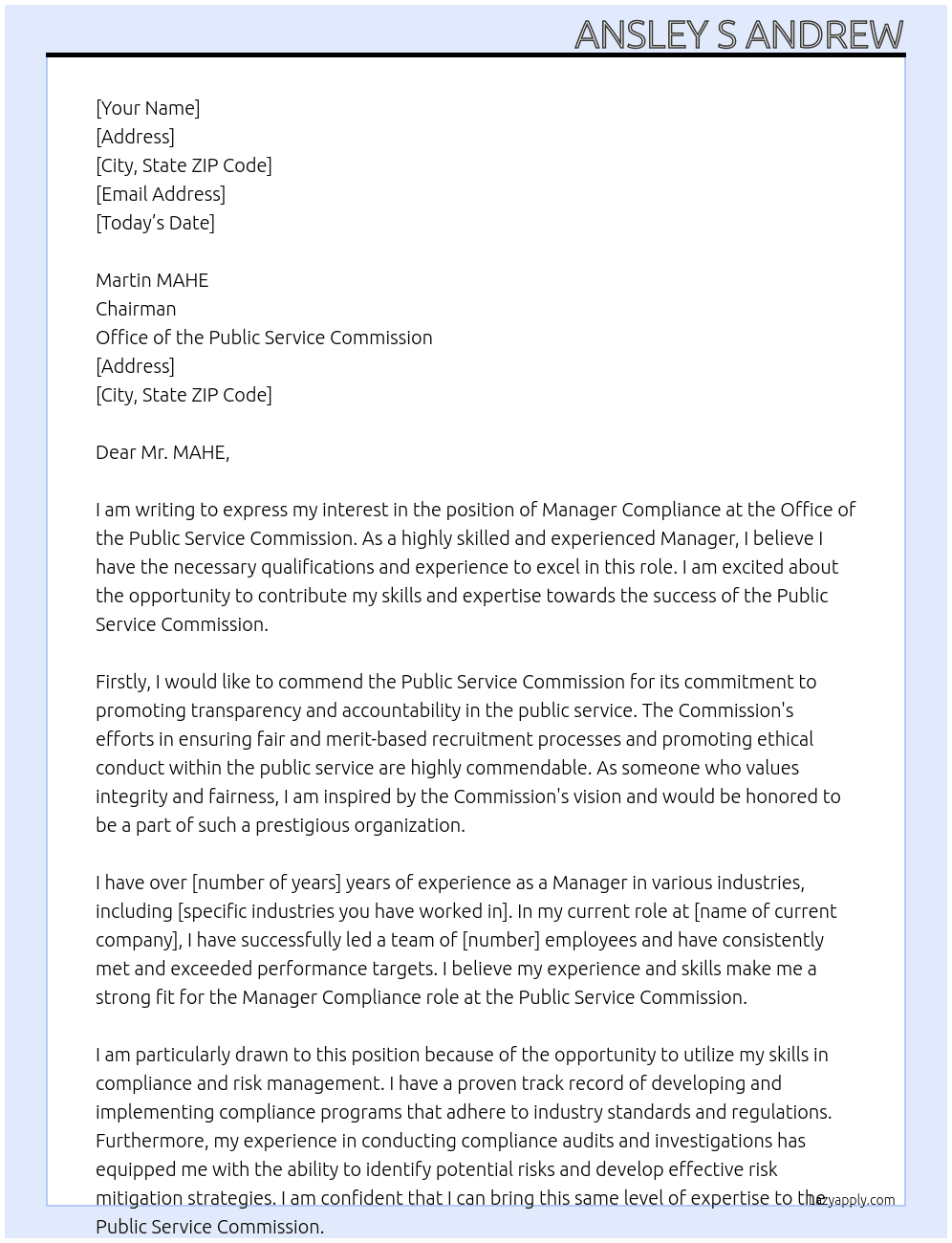 Manager Compliance with the Public Service Commission At Office of the Public Service commission Cover Letter