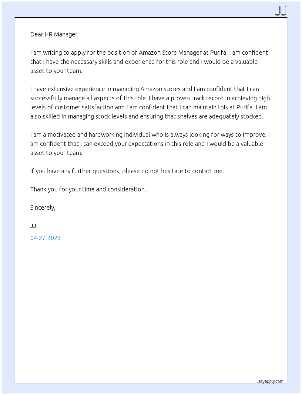 Amazon Store Manager At Purifa Cover Letter