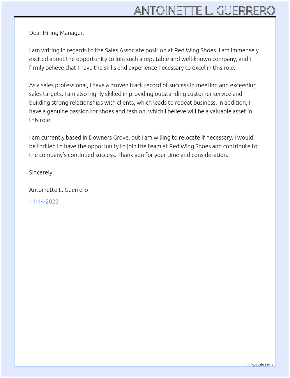 Sales Associate At Red Wing Shoes Cover Letter