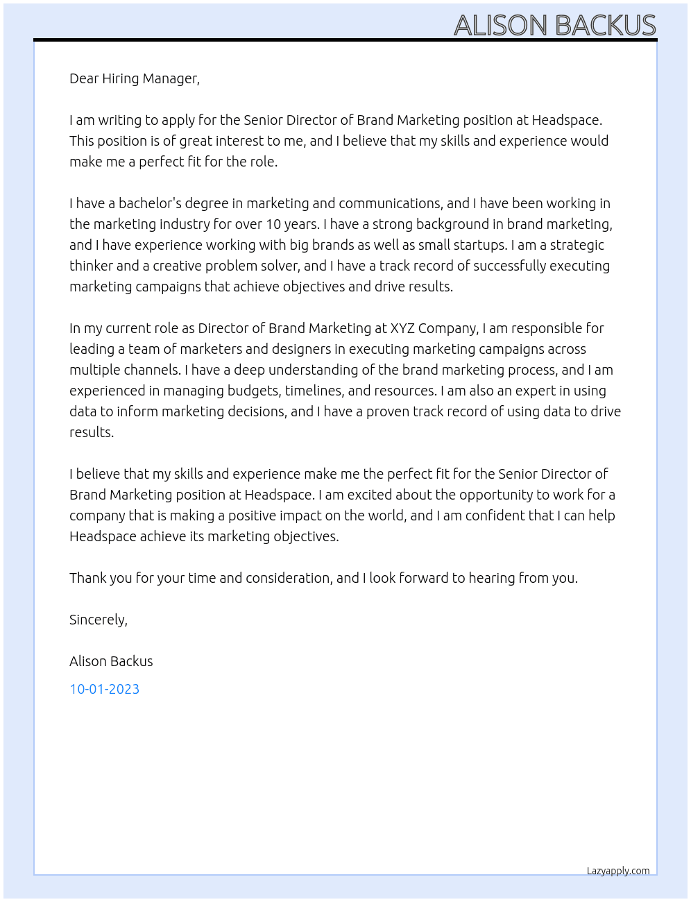 Senior Director Brand Marketing At Headspace Cover Letter