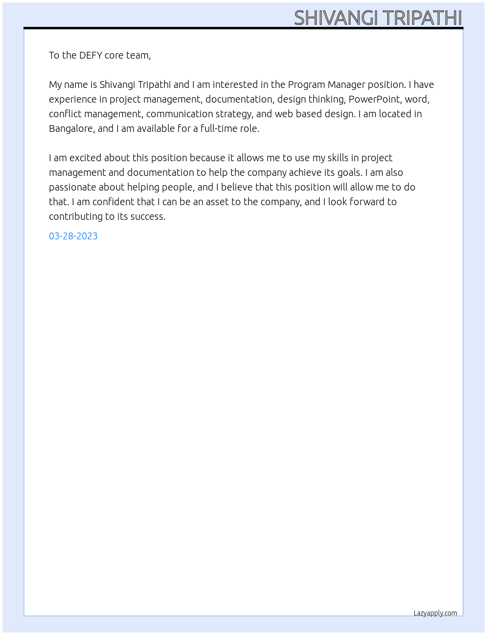 Program Manager At Project DEFY Cover Letter