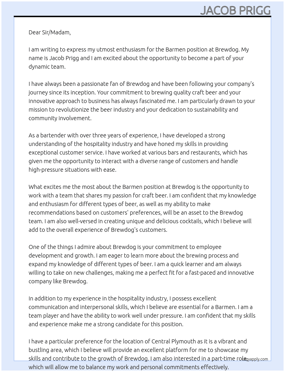 Barmen  At Brewdog  Cover Letter