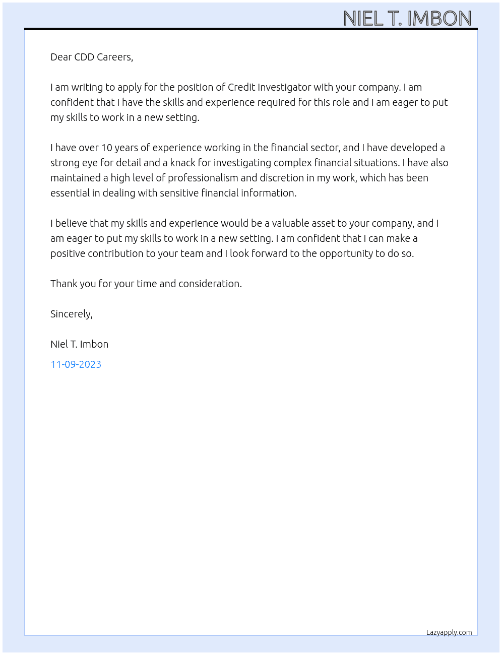Credit investigator At CDD Careers  Cover Letter
