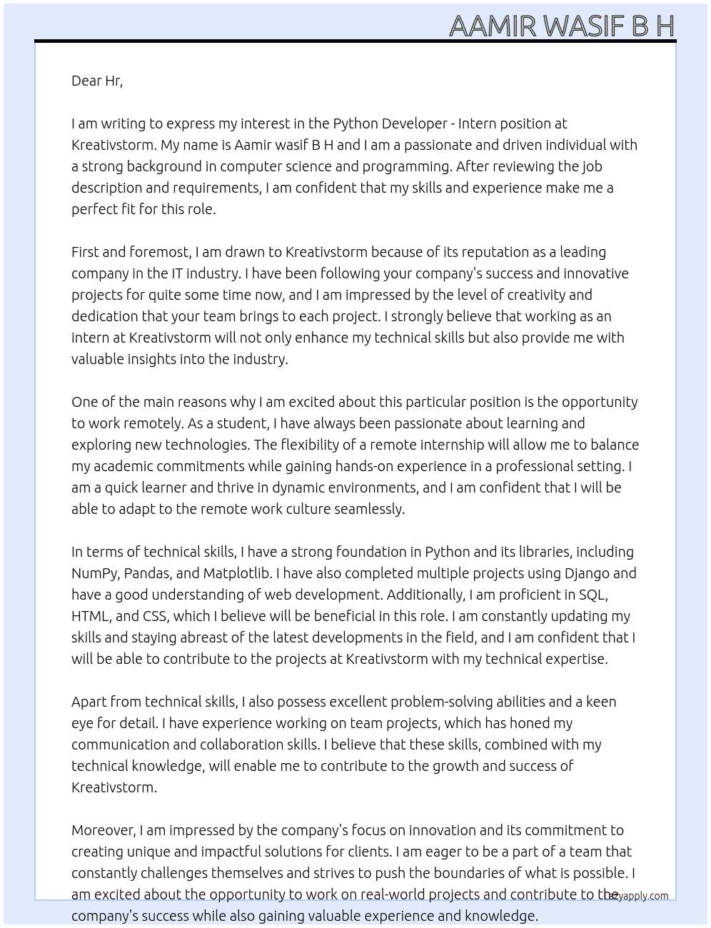 Python Developer - Intern (Remote Internship - IT) At Kreativstorm Cover Letter