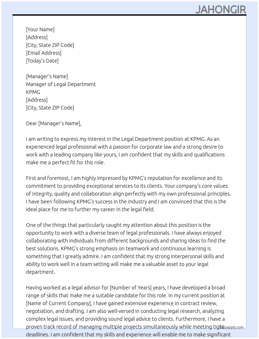 Legal department At KPMG Cover Letter