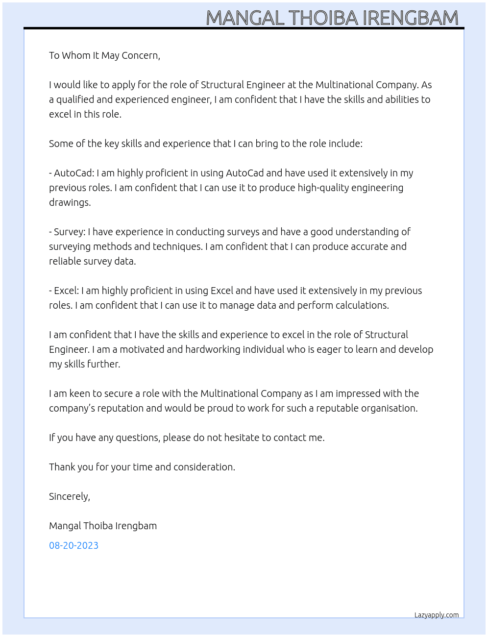 Structural Engineer  At Multinational Company  Cover Letter