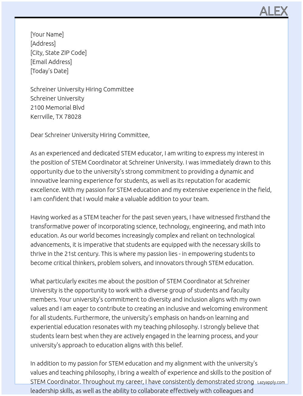 STEM Coordinator At Schreiner University Cover Letter