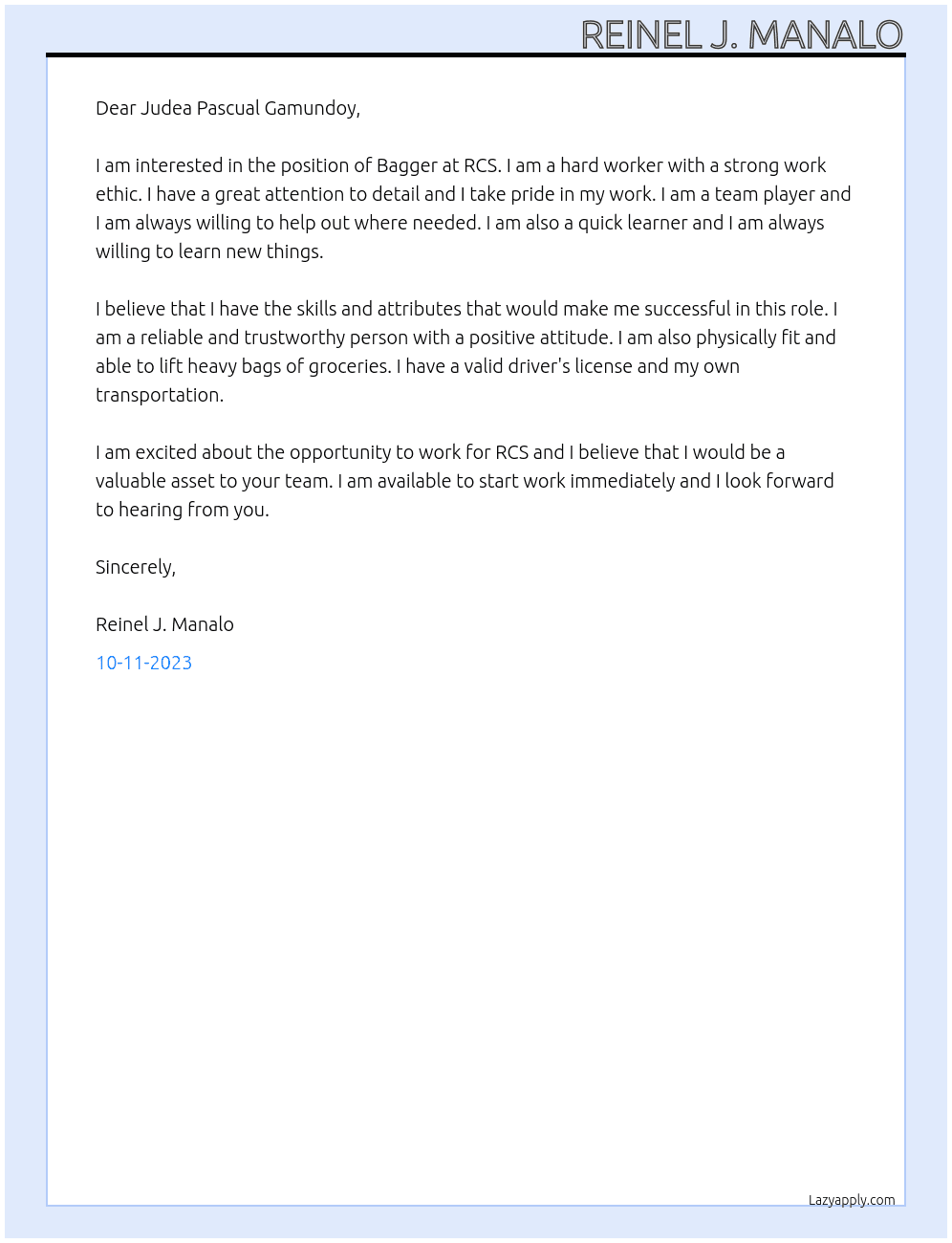 Bagger  At RCS Cover Letter