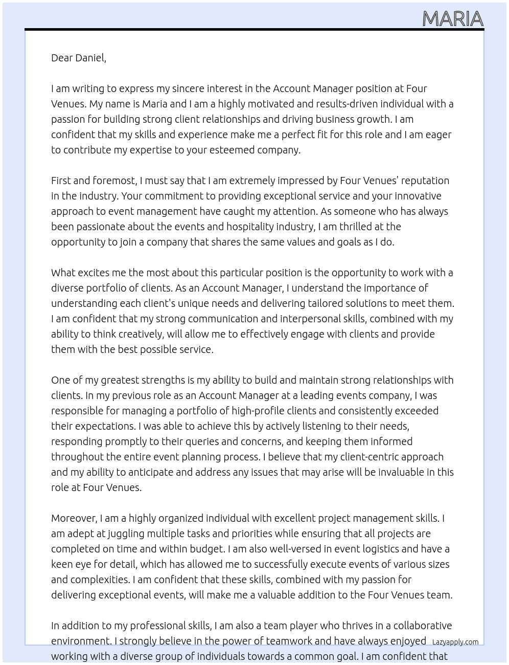 Account Manager At Four Venues Cover Letter