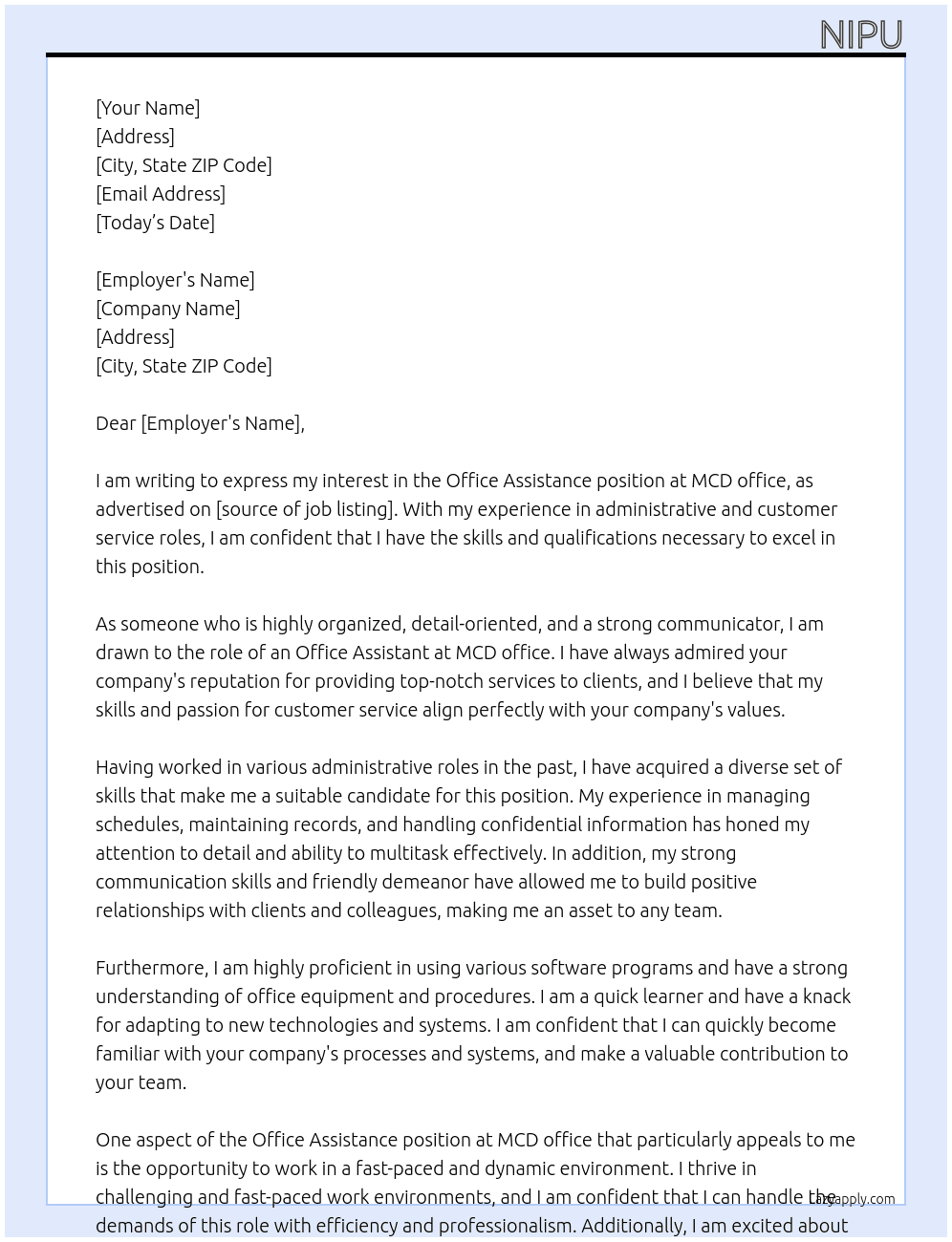 office assistance At MCD office Cover Letter