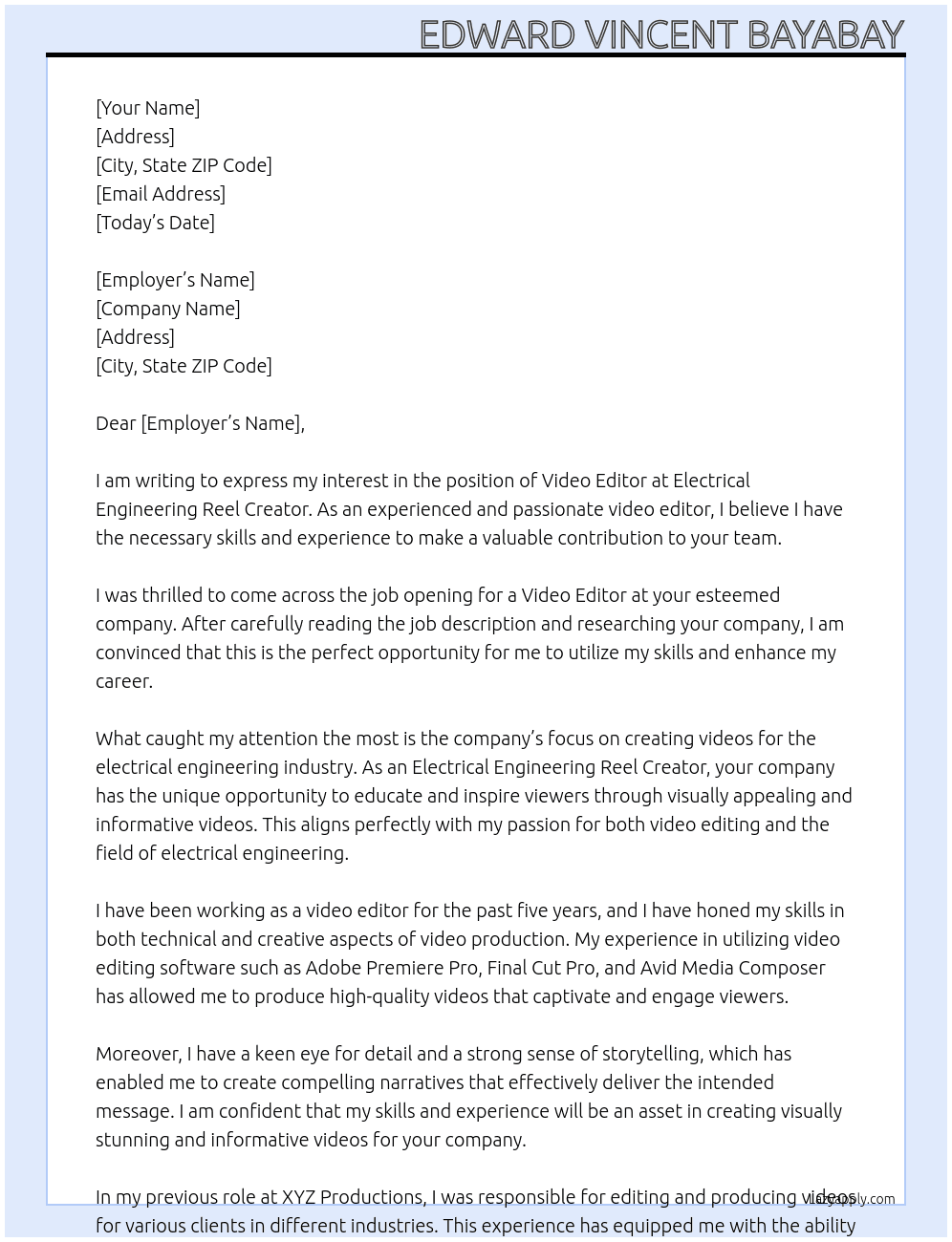 Video Editor At Electrical Engineering Reel Creator Cover Letter