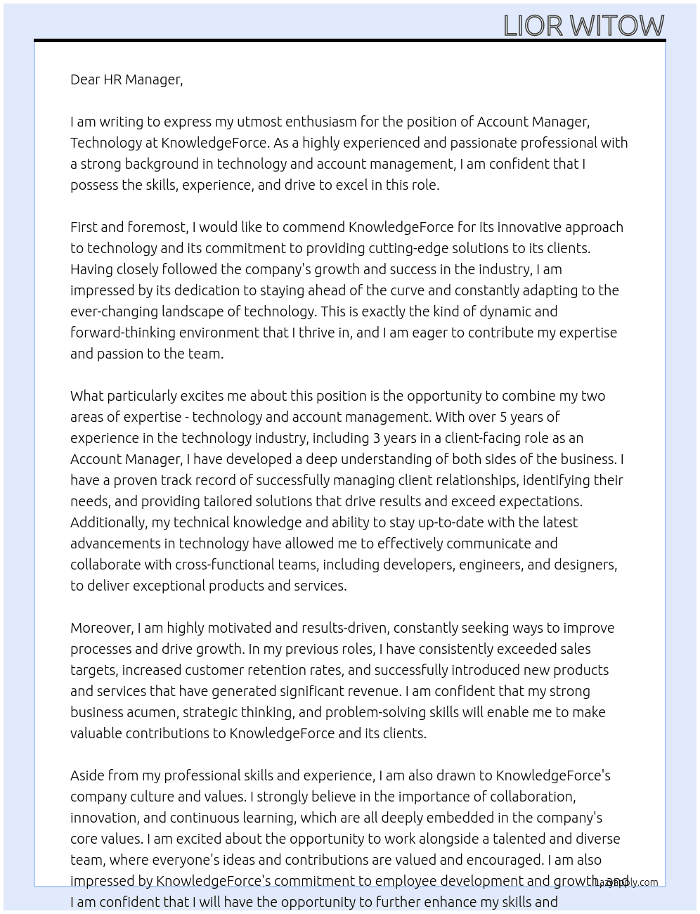 Account Manager, Technology - (230595) At KnowledgeForce Cover Letter