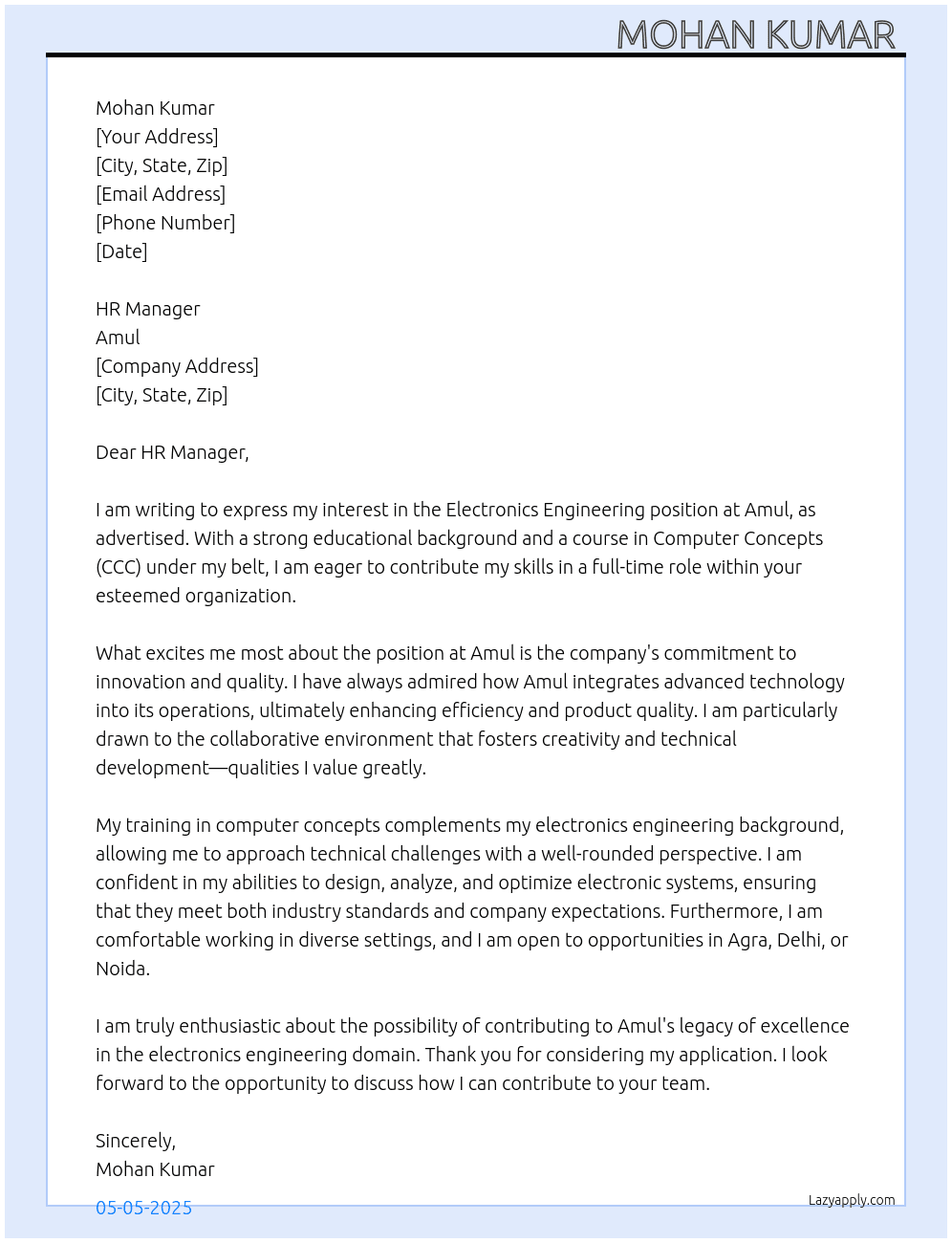 Cover letter for electronics engineering - LazyApply