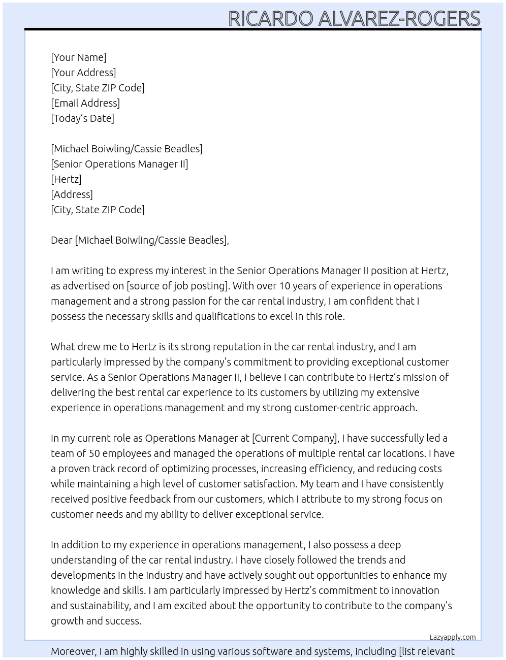 Senior Operations Manager II At Hertz  Cover Letter