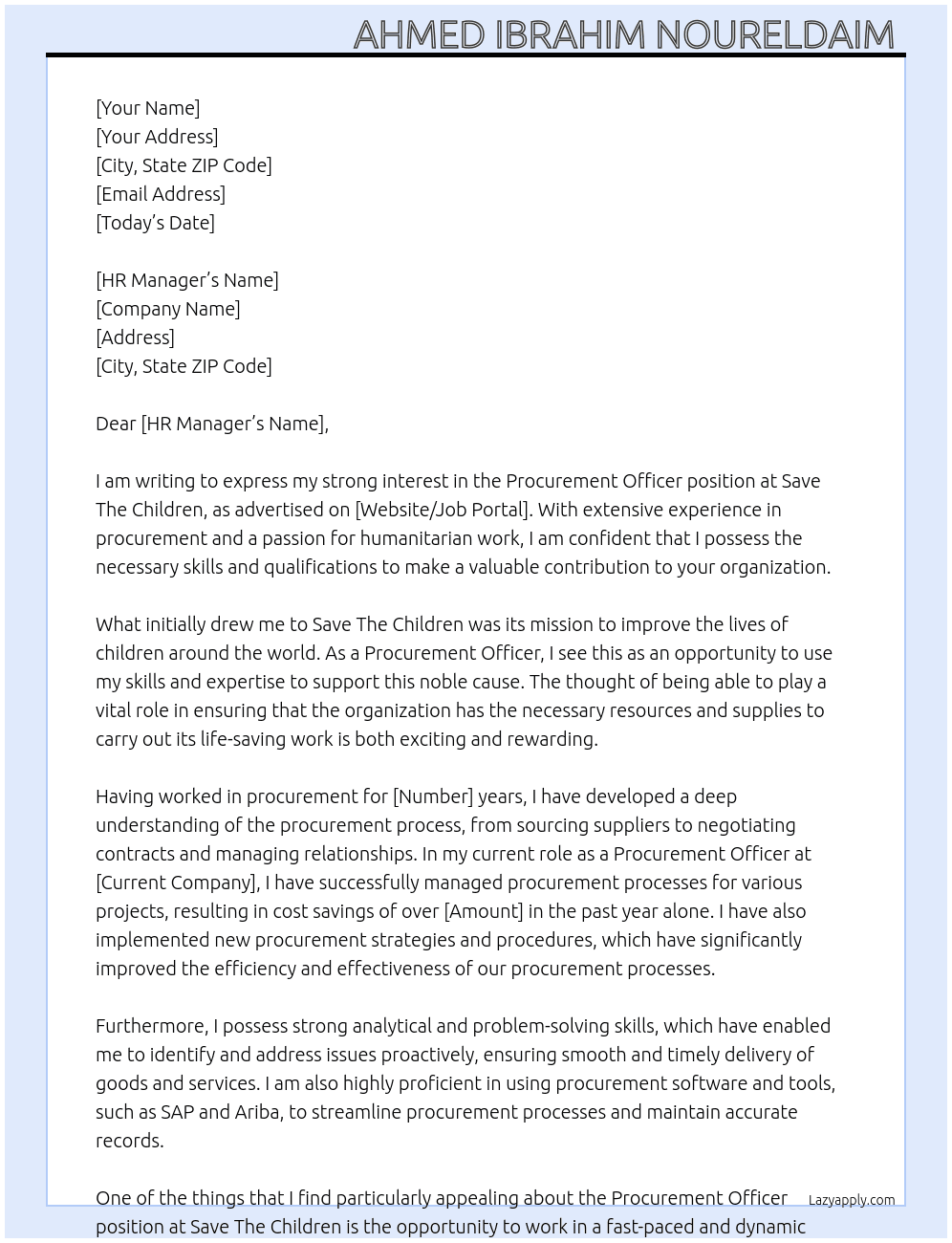 Procurement Officer At Save The Children Cover Letter