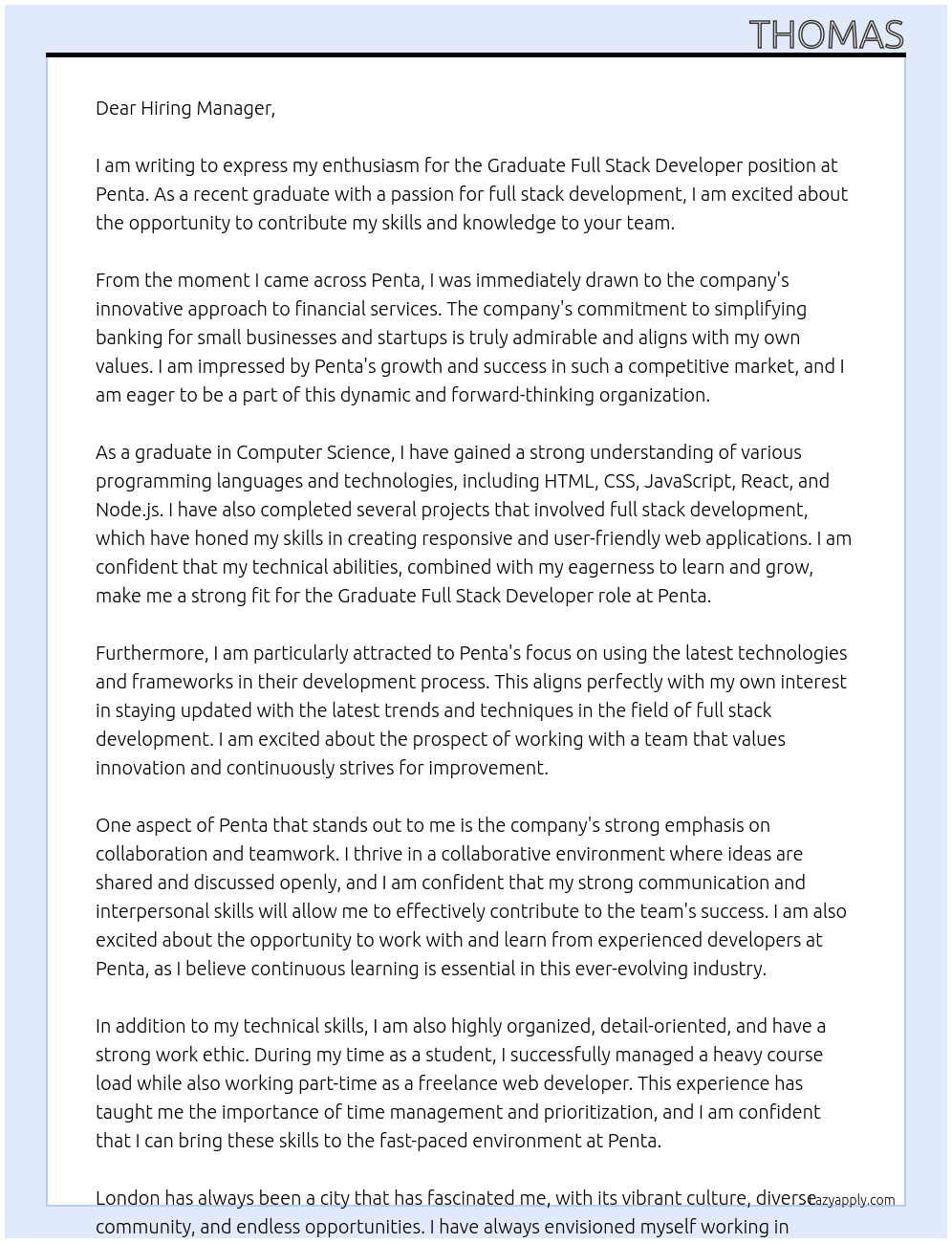 Graduate Full Stack Developer At Penta Cover Letter