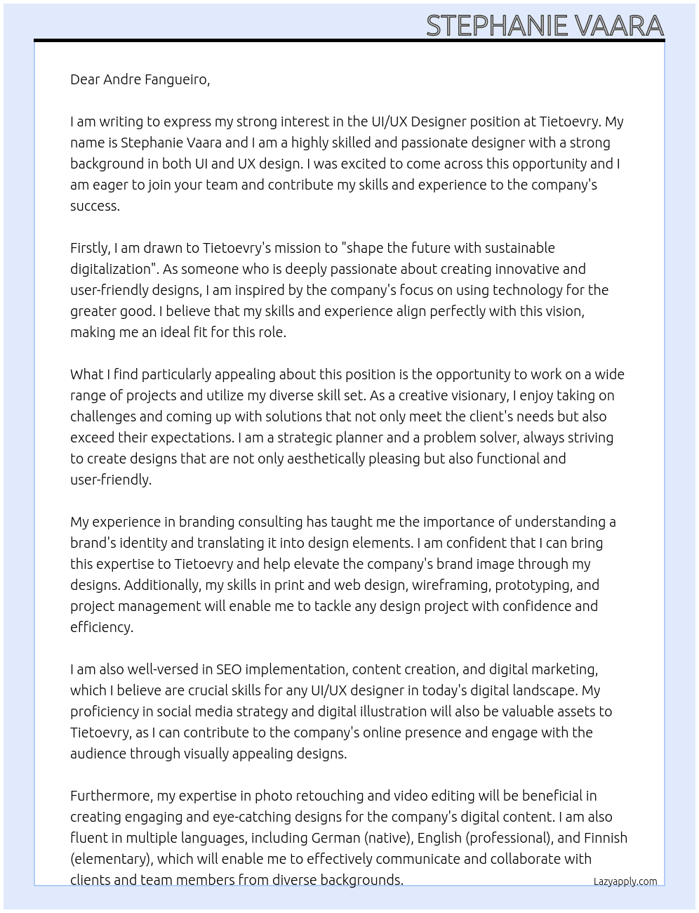 UI/UX Designer At Tietoevry Cover Letter