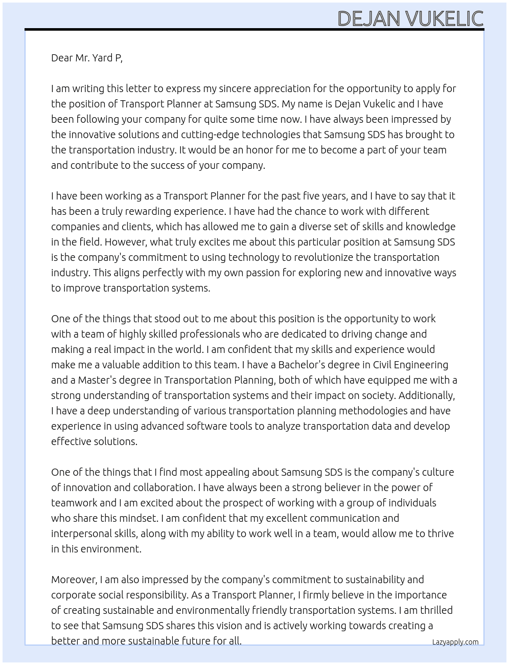 Transport Planner At Samsung SDS Cover Letter