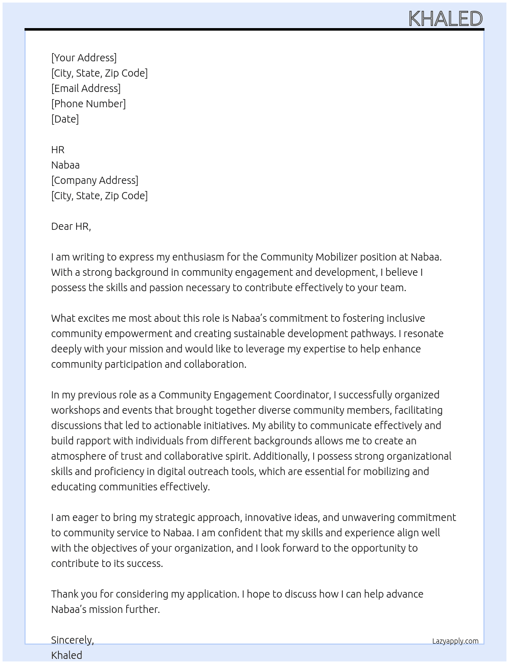 Community Mobilizer At Nabaa Cover Letter