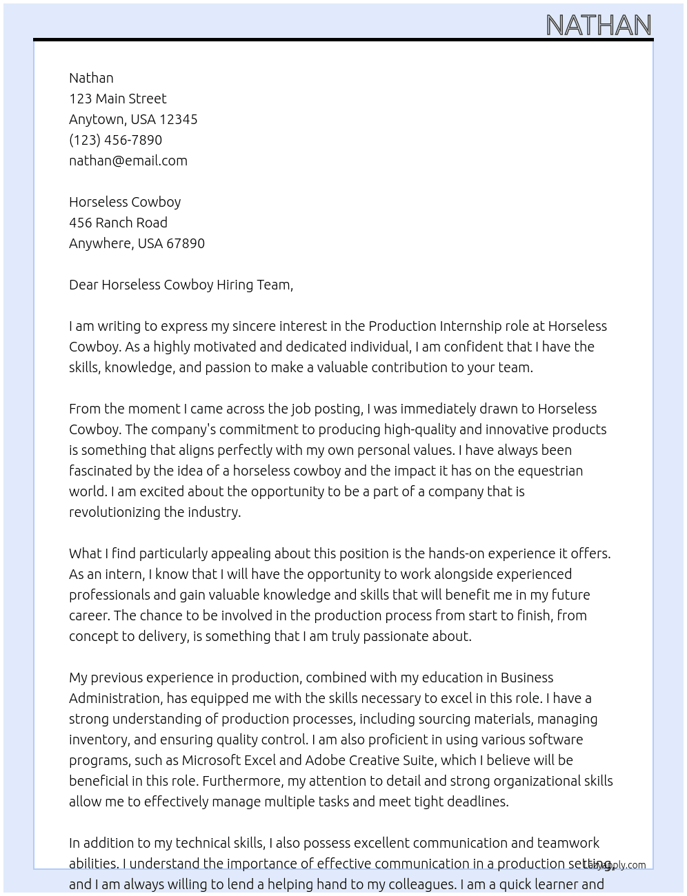 Production At Horseless Cowboy Cover Letter