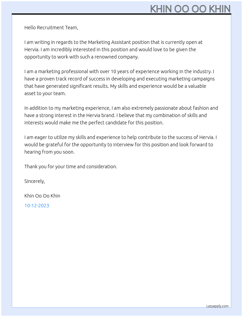 Marketing Assistant At Hervia Cover Letter