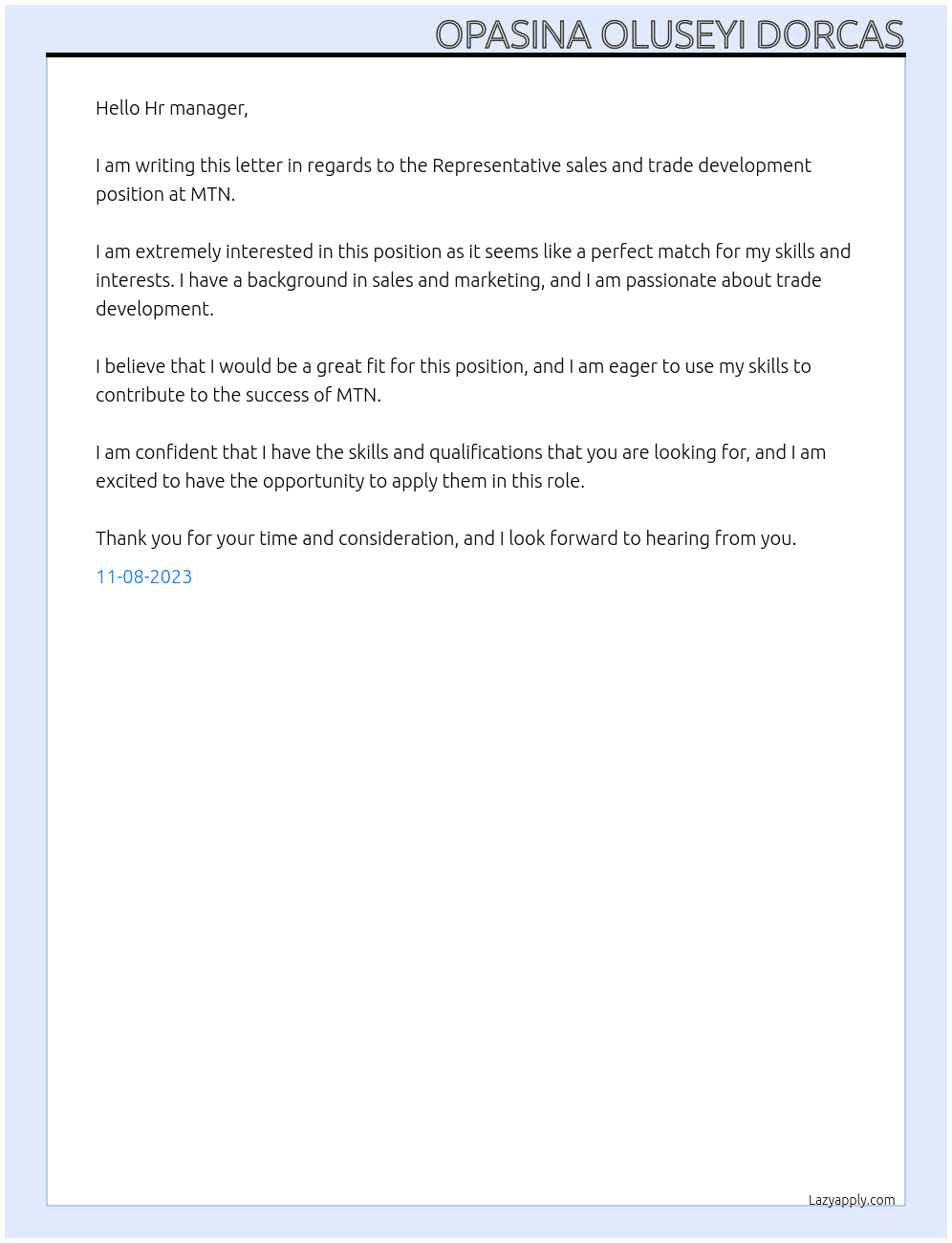 Representative sales and trade development  At MTN Cover Letter