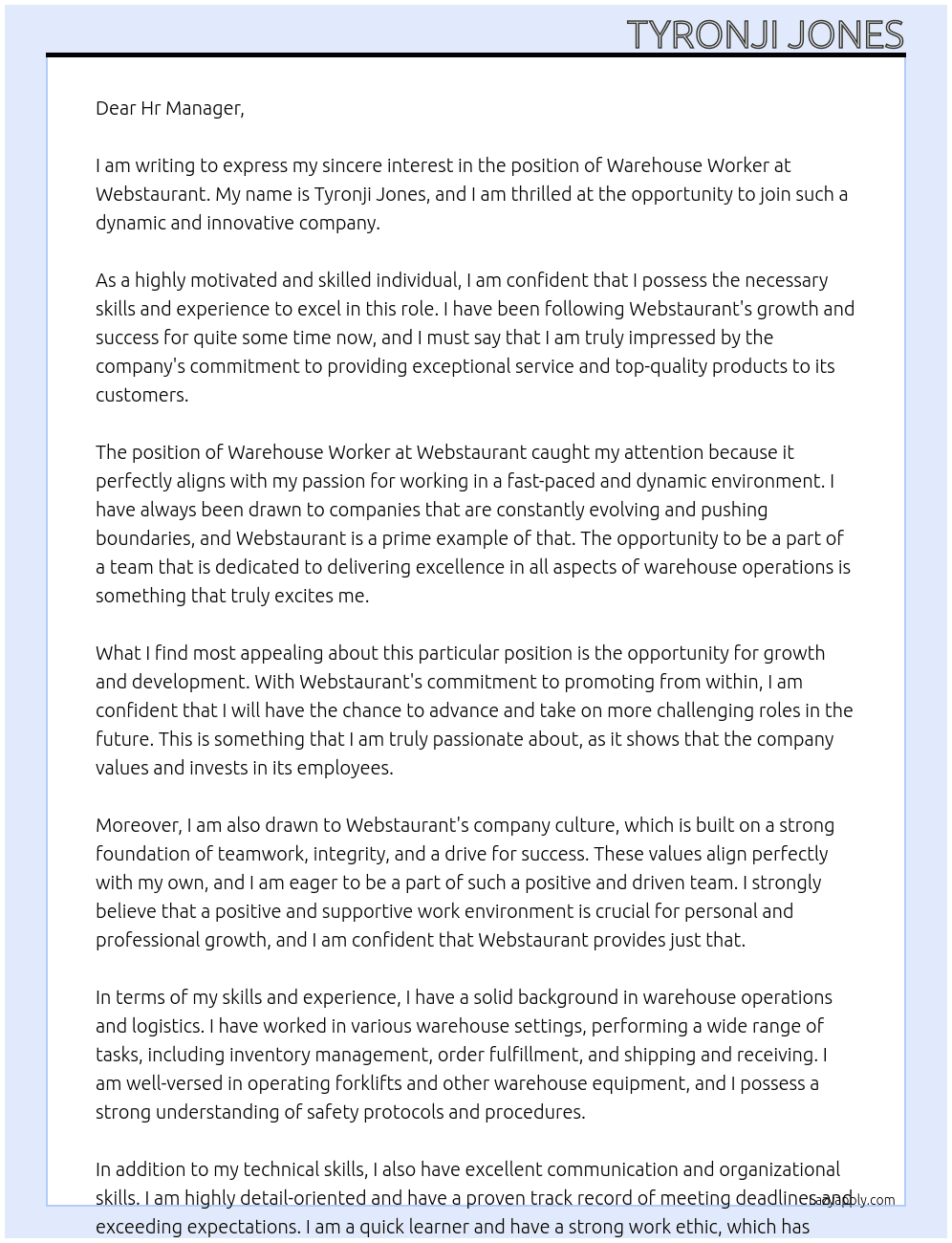 Warehouse workers  At Webstaurant  Cover Letter
