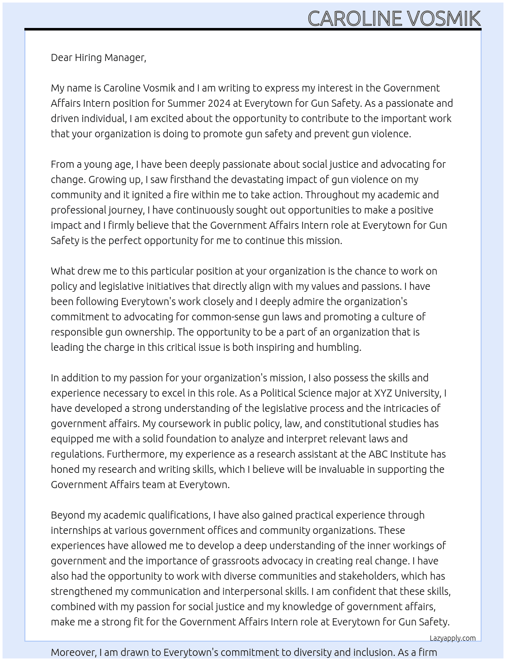 Government Affairs Intern - Summer 2024 At Everytown for Gun Safety Cover Letter