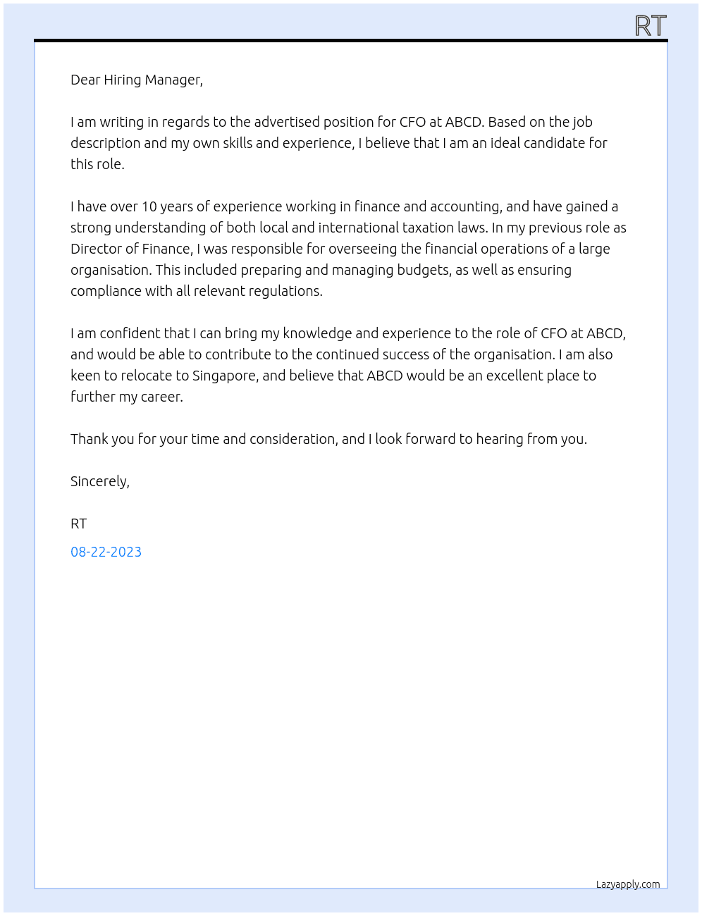 CFO At ABCD Cover Letter