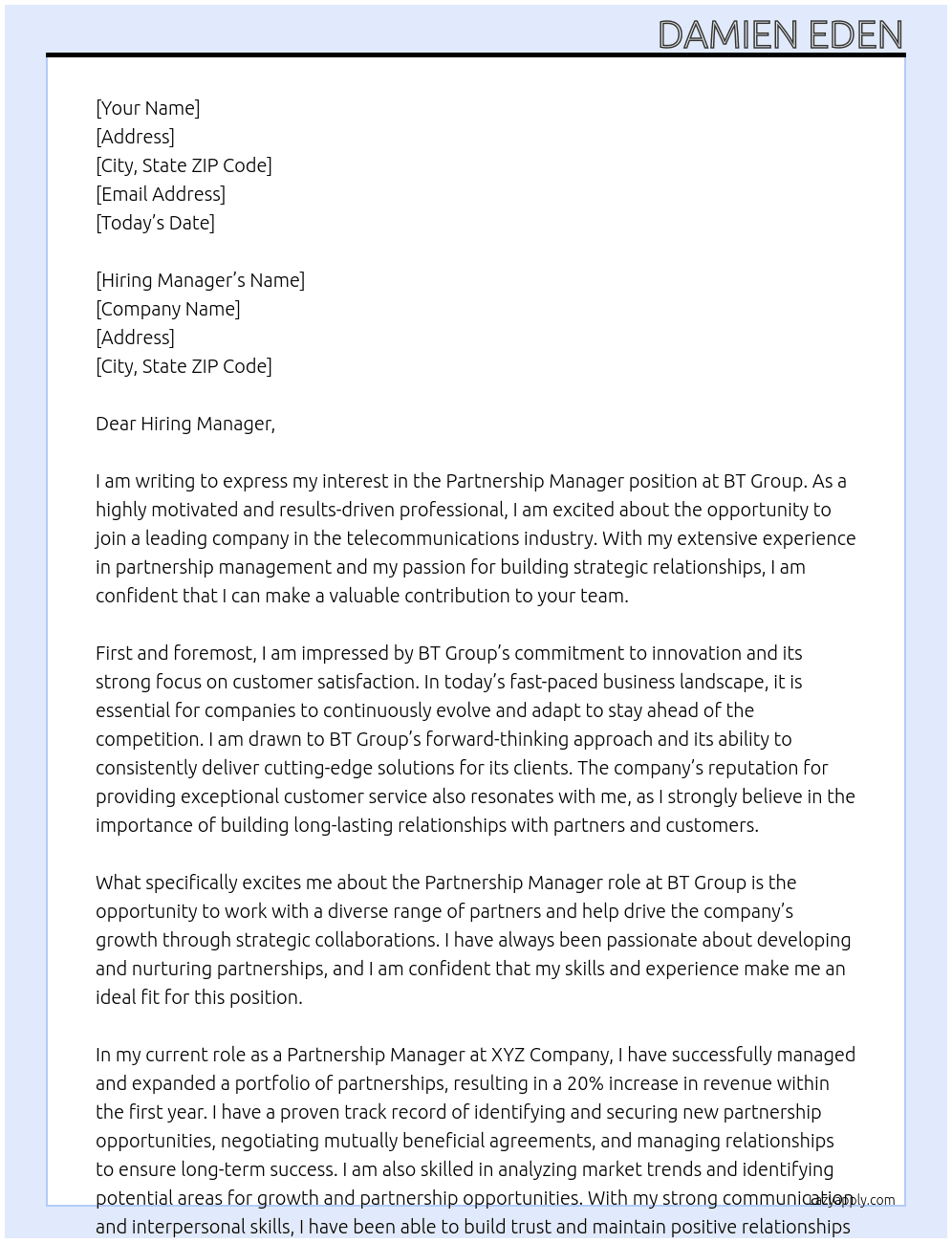 Partnership Manager At BT Group Cover Letter