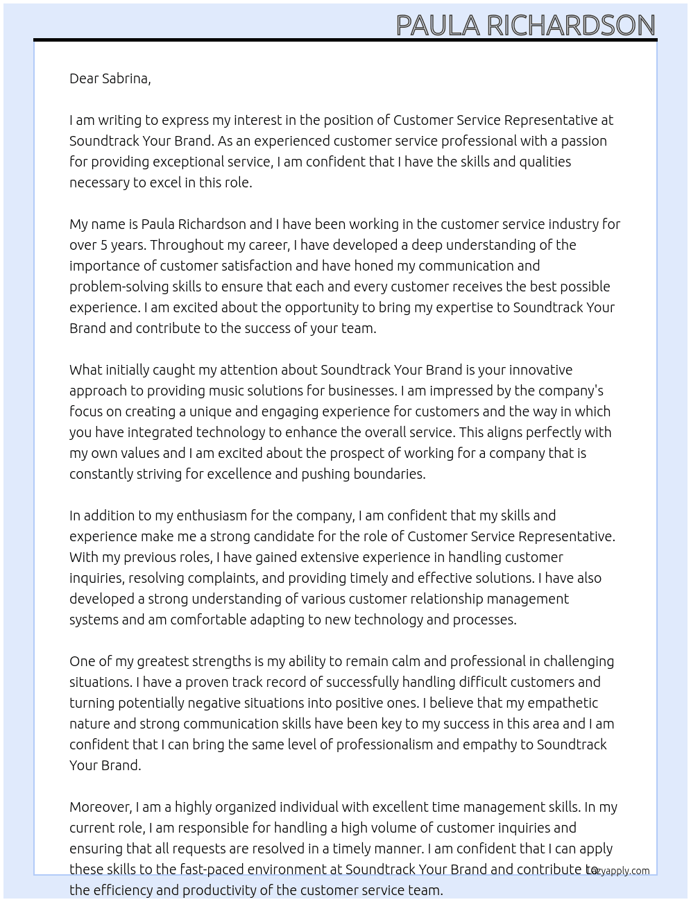 customer service representive At Soundtrack your brand Cover Letter