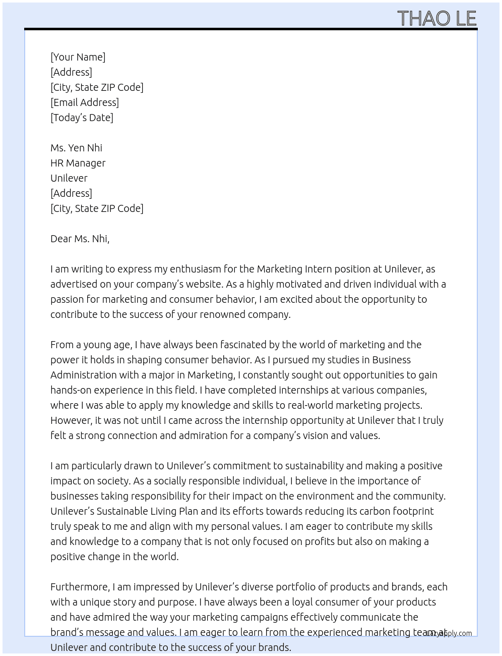 Marketing Intern At Unilever Cover Letter