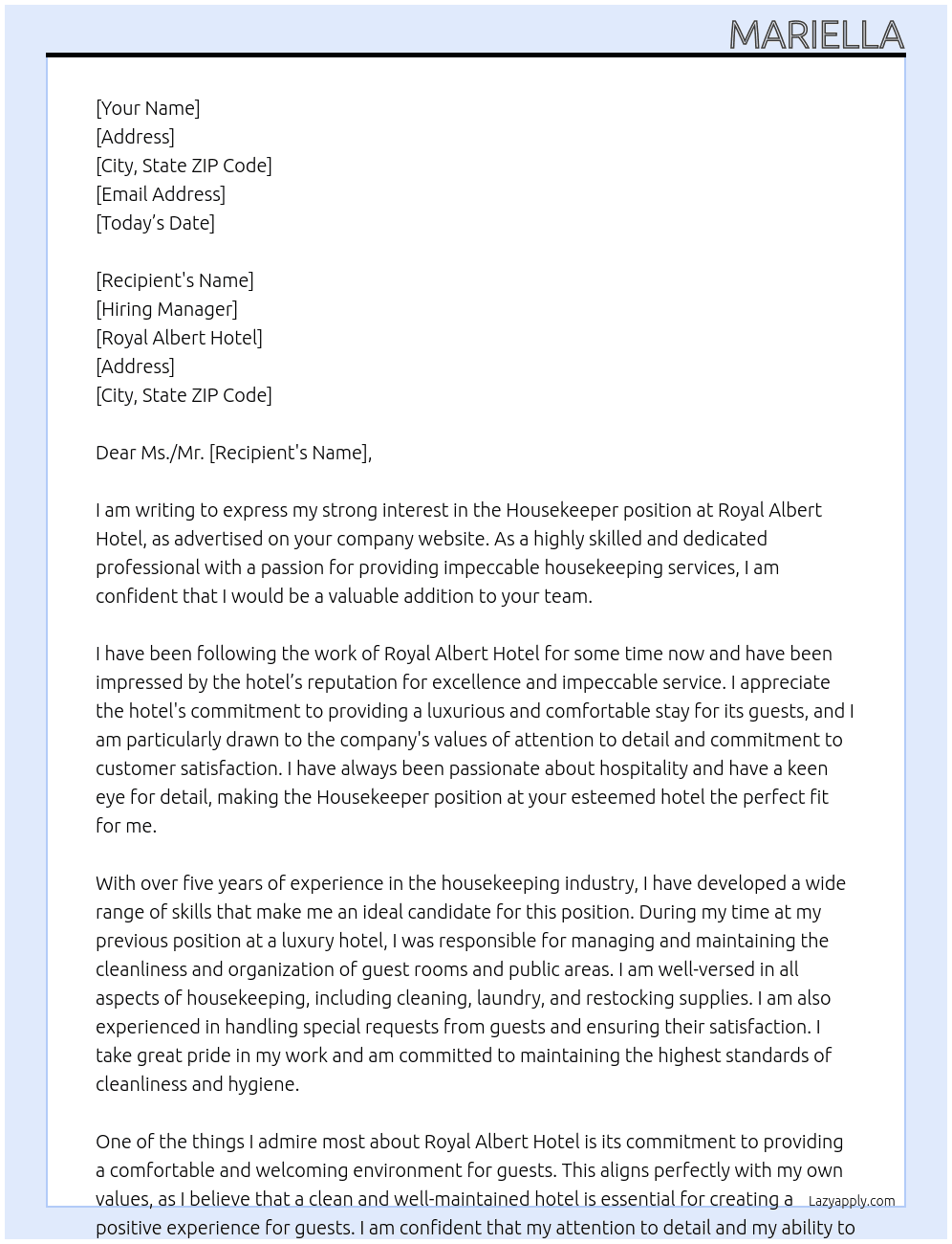 houskeeper At Royal Albert Hotel Cover Letter